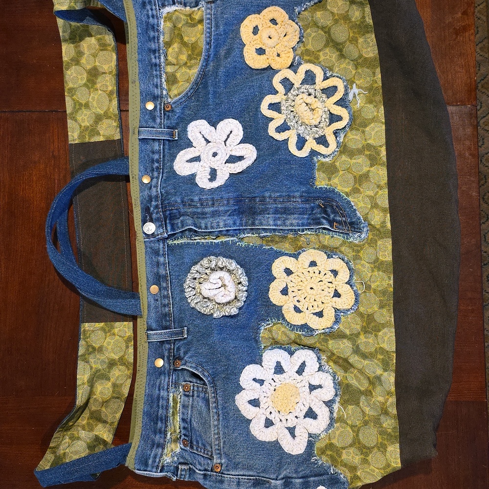 HAND CRAFTED Possible Bag UPCYCLED Blue Denim Jean Crochet Floral 29 X17 Inch